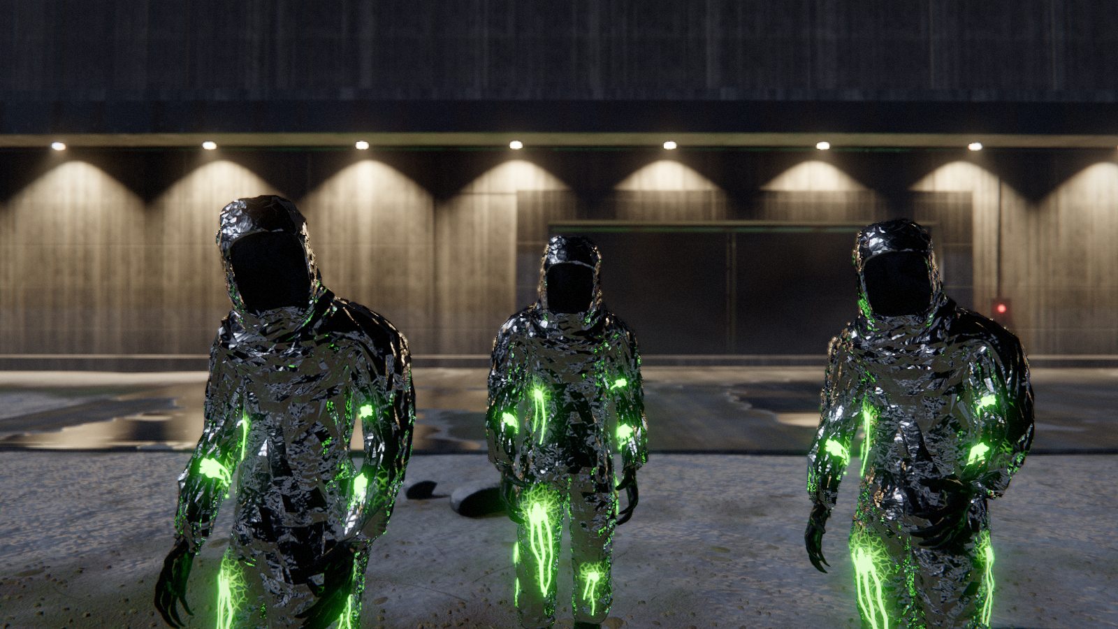 Family's Shrinking: armoured figures with green glowing suits walking across a lit courtyard at night