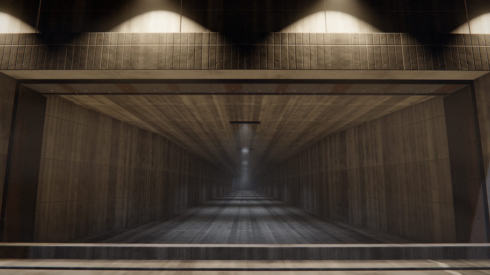 Family's Shrinking: a long wood-panelled corridor with warm ceiling lights