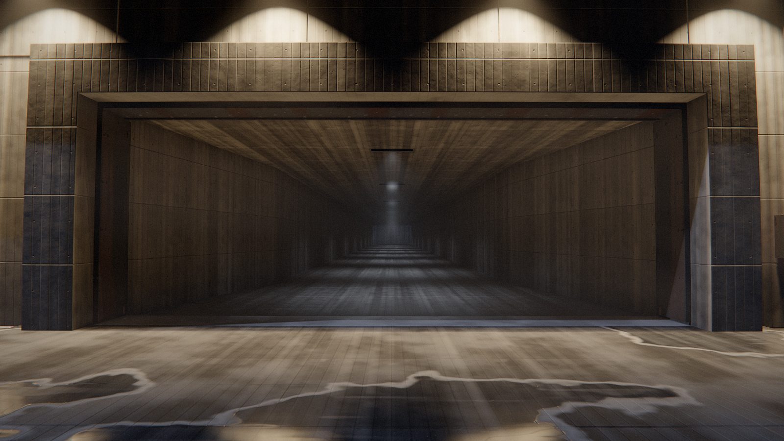Family's Shrinking: a wooden hall with a row of ceiling lamps