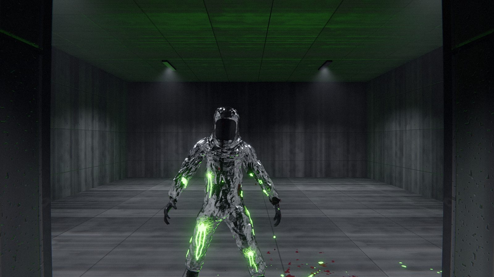 Family's Shrinking: an enemy standing in a concrete room lit green from above