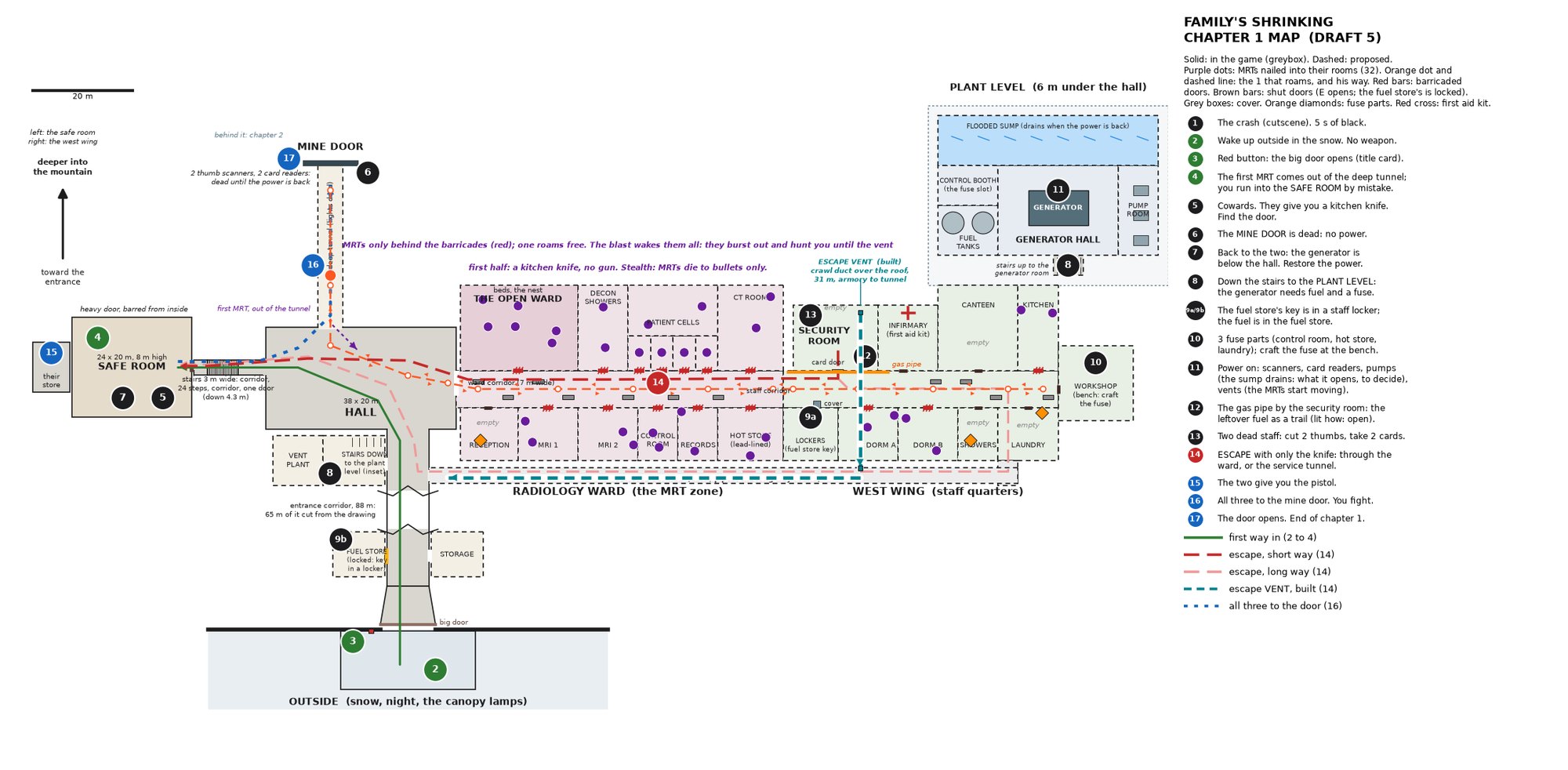 Top-down planning map of the Chapter 1 bunker, with rooms, routes and written notes