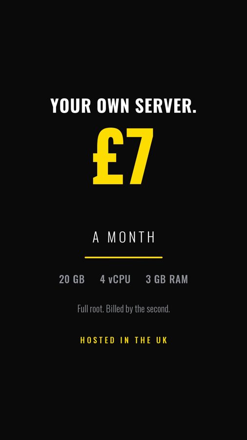 Skorp7 hosting ad: your own server, 7 pounds a month