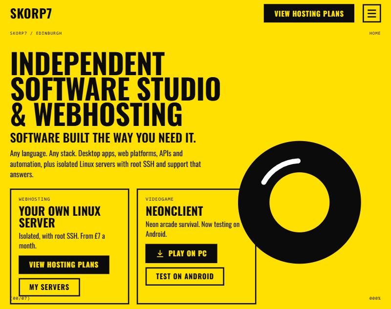 Skorp7 home page: independent software studio and webhosting on a yellow background