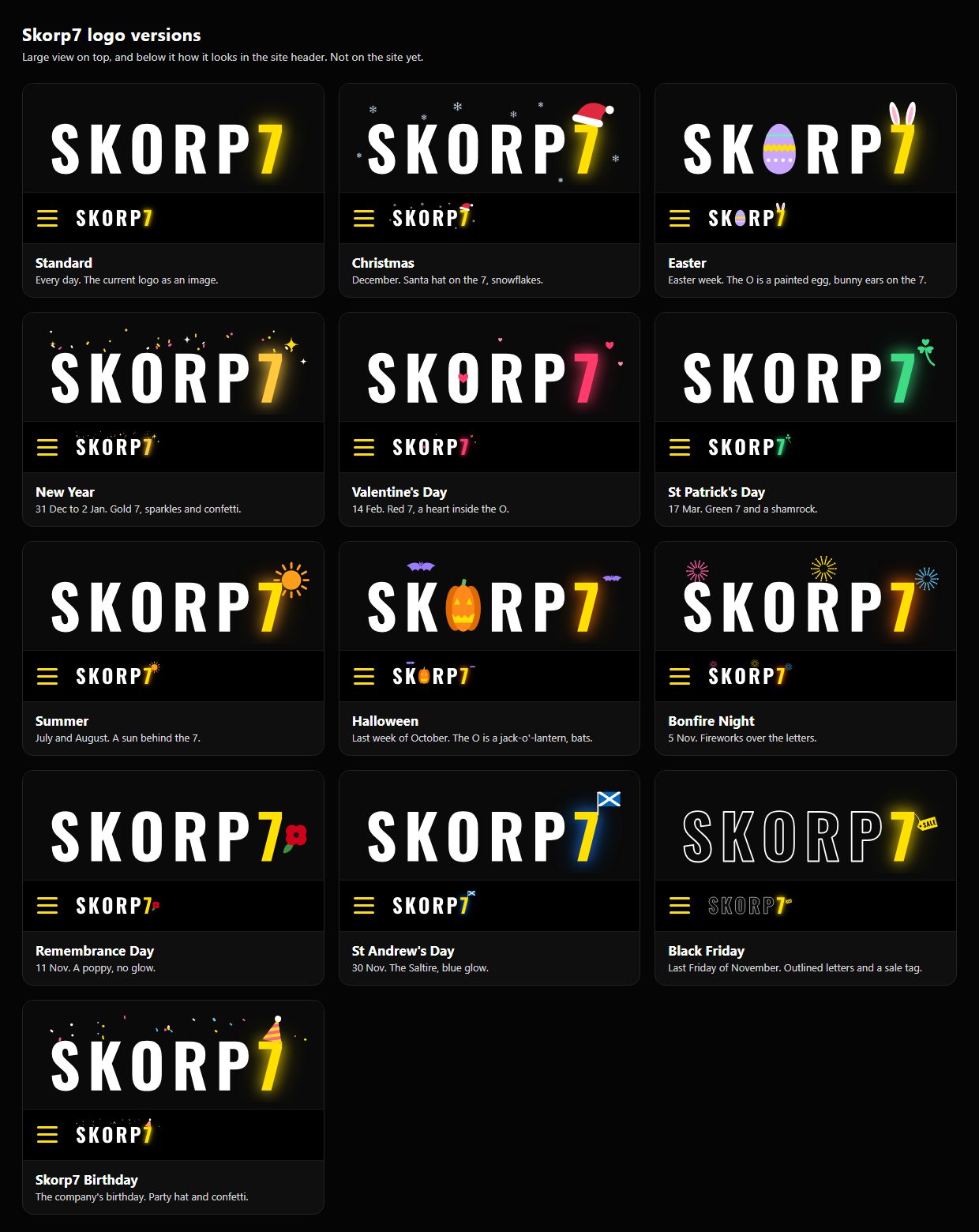 The Skorp7 wordmark in twelve seasonal versions
