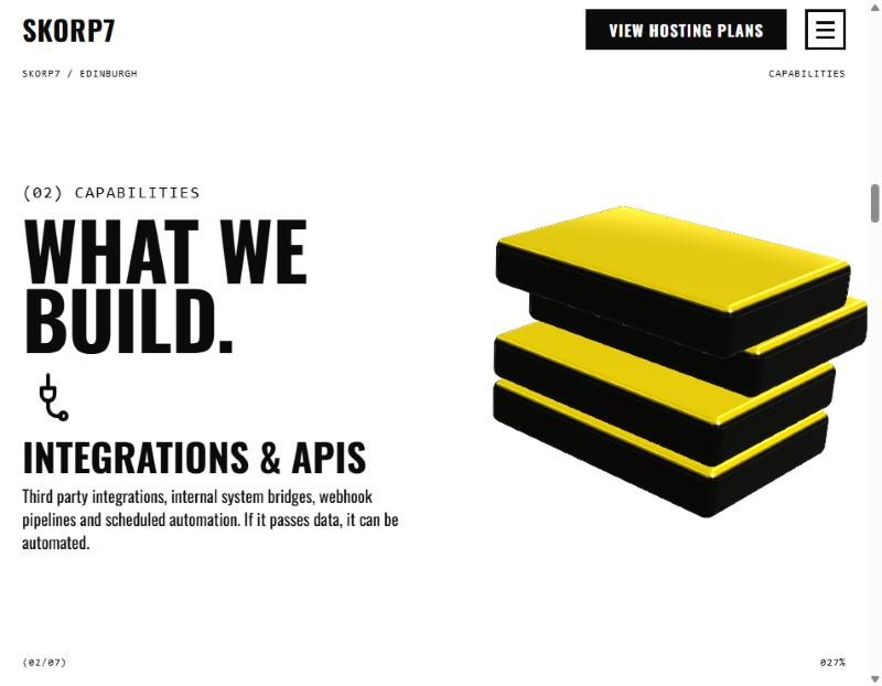 Skorp7 capabilities section: what we build, with a yellow and black 3D shape